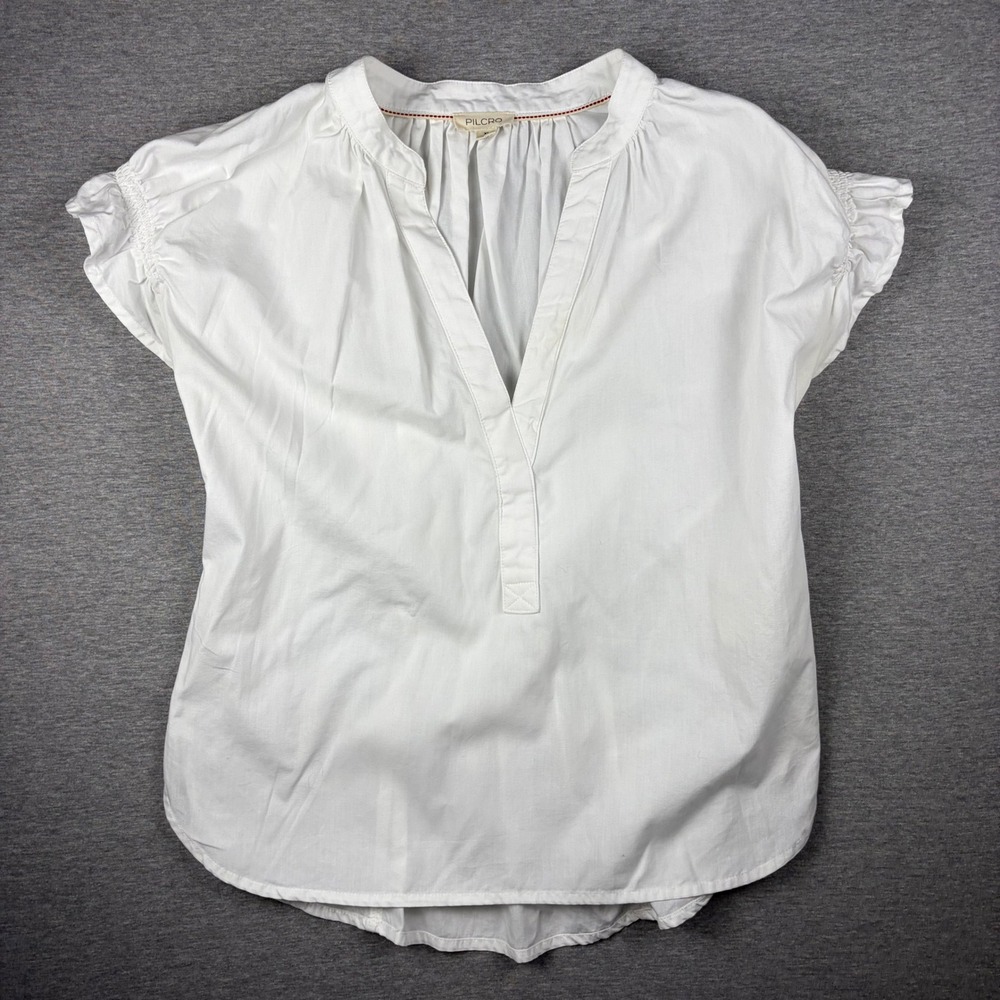 Pilcro Top Womens XS White Split Neck Smocked Back Short Sleeve Cotton Top